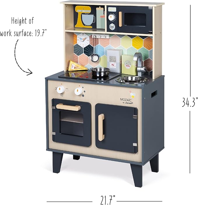 Janod - Mozaïc Big Cooker - Play Kitchen for Children - Children's Kitchen with Sound and Light - Wooden Kitchen with 3 Accessories + 3 Food Boxes - from 3 Years - J06609
