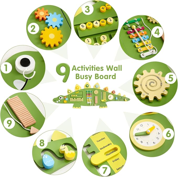 Beright Dinosaur Activity Wall Busy Board Panels, Montessori Sensory Toys, Toddler Learning Activity Center, Perfect for Toddler Playroom & Children's Daycare, Green