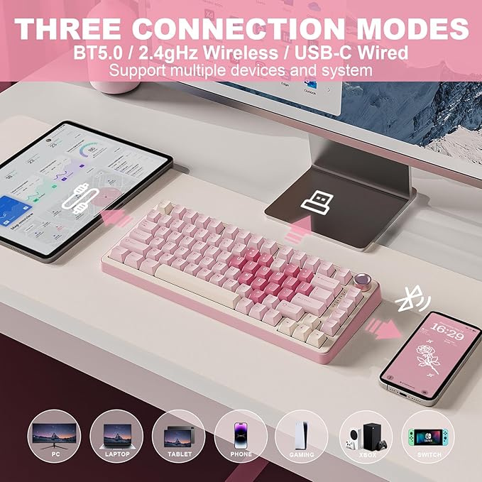 YUNZII B75 PRO Wireless Mechanical Keyboard,75% Layout with Knob,Hot Swap Gasket Custom Structure,Creamy Pre-lubed Switches,RGB Backlit,Bluetooth/Type-C/2.4G for Win/Mac(Cocoa Cream V2 Switch,Pink)