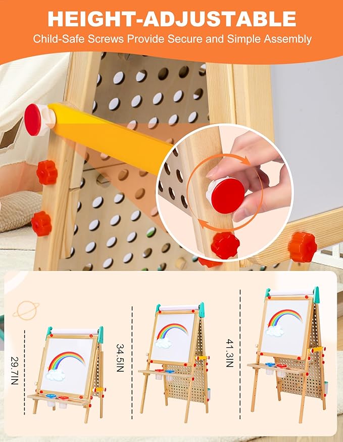 Kids Easel Wooden Marble Run for Kids, 4-in-1 Toddler Art Easel for Kids 3+ Painting Station Stand Drawing, Double-Sided 6 Heights Black Chalkboard Magnetic Whiteboard Paper Roll Holder