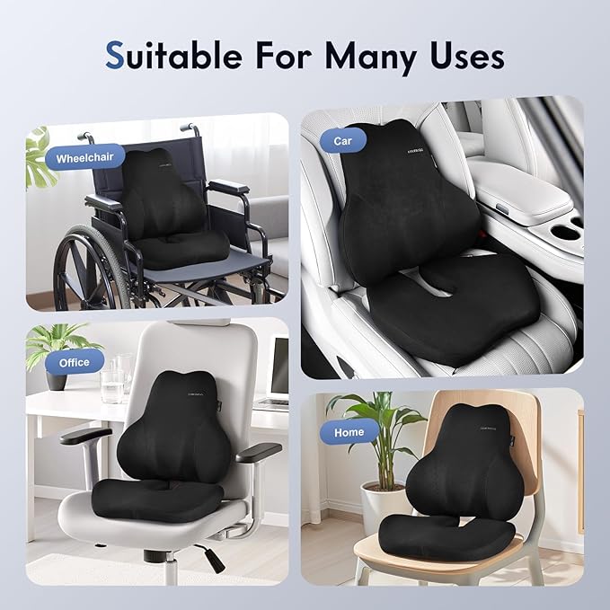 Coverado Memory Foam Car Seat Cushion and Lumbar Support Pillow for Car, Ergonomic Office Chair Cushion for Lower Back Pain Relief, Breathable & Non-Slip for Car, Home, and Office Use, Black
