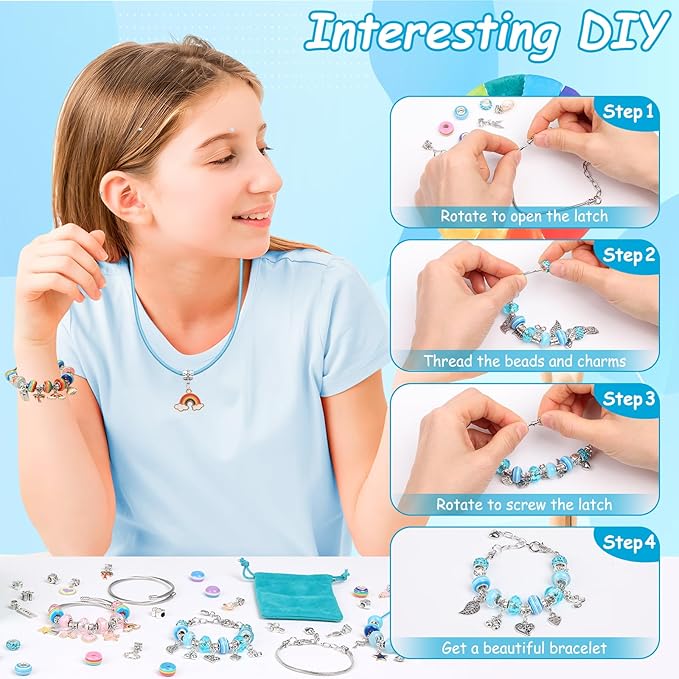 Charm Bracelet Making Kit for Girls, Kids Charm Bracelet Making Kit with Jewelry Gift Box for Girls Sister, Necklace Arts Crafts Teen Girl Personalized Gifts for Birthday Holiday Valentines
