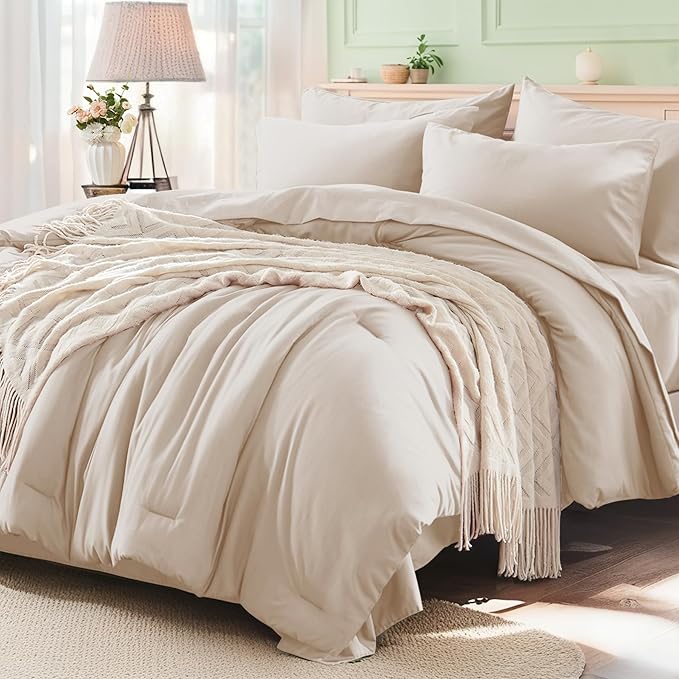 Anluoer Beige King Comforter Set 7 Pieces, Bed in a Bag with Sheets, All Season Bedding Sets with 1 Comforter, 2 Pillow Shams, 2 Pillowcases, 1 Flat Sheet, 1 Fitted Sheet