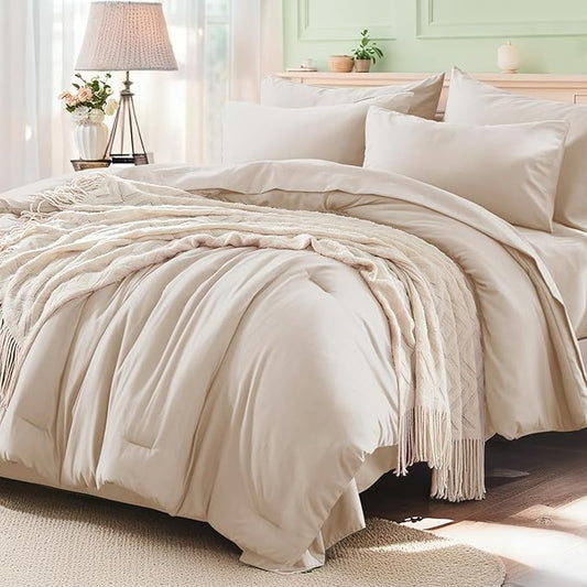 Anluoer Beige King Comforter Set 7 Pieces, Bed in a Bag with Sheets, All Season Bedding Sets with 1 Comforter, 2 Pillow Shams, 2 Pillowcases, 1 Flat Sheet, 1 Fitted Sheet