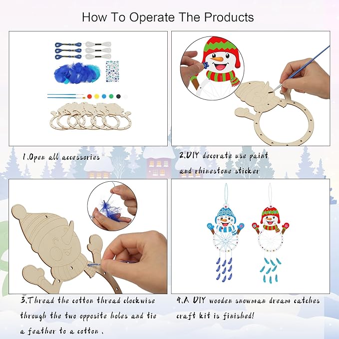 Fennoral 6 Pack Snowman Craft Kit for Kids Make You Own Snowman Dreamcatcher DIY Paint Wooden Christmas Arts and Crafts for Chirstmas Art Activity Christmas Winter Decoration