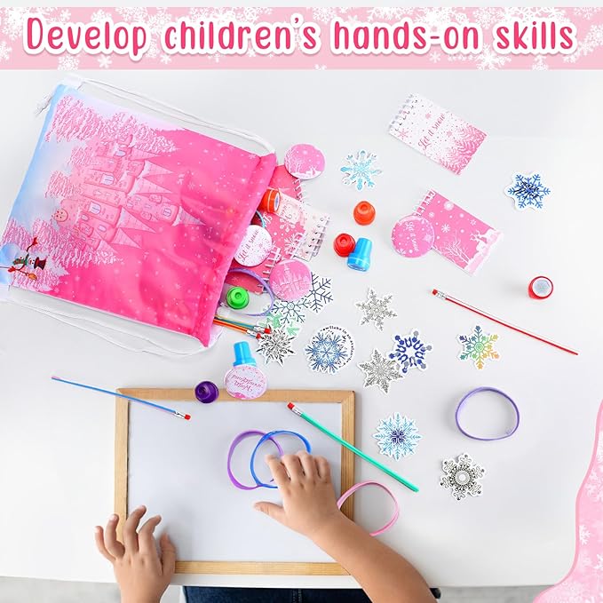 Abbylike 140 Pcs Winter Party Favors Christmas Gifts for Kids Snowflake Wonderland Party Favors Supplies Birthday Notebook Bracelet Stamper Sticker Drawstring Bag Pencil Button Pin Keychain