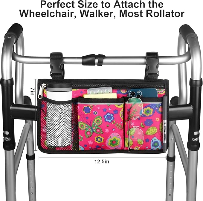 Wheelchair Side Bag, Upgrade Flower Color Wheelchair Armrest Storage Pouch with Cup Holder and Reflective Strip Made with Waterproof Fabric, for Most Wheelchairs, Walkers and Rollators (Red Butterfly)