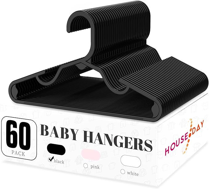 HOUSE DAY Plastic Baby Hangers for Closet 60 Pack, Durable Plastic Kids Hangers for Baby Clothes, Thin & Compact Childrens Hangers, Space Saving Black Baby Hangers, Small Hangers for Kids Clothes