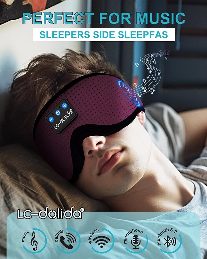 LC-dolida Sleep Headphones, 3D Sleep Mask Bluetooth Wireless, Sleeping Headphones for Side Sleepers Sleep Eye Mask Music Weighted Sleeping Mask Meditation Gifts for Men Women (Red)