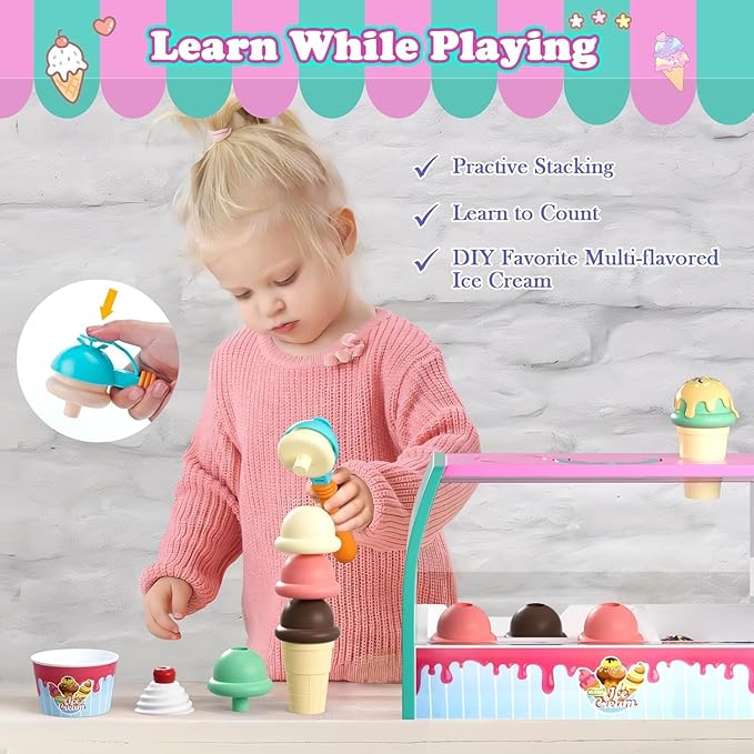 Ice Cream Toy Set for Kids, Pretend Play Ice Cream Shop for Toddlers, Ice Cream Play Set for 3-6 Year Old Girls and Boys, Play Food Accessorie, Educational Toy Food, Gift for 4 5 7 8 Year Olds