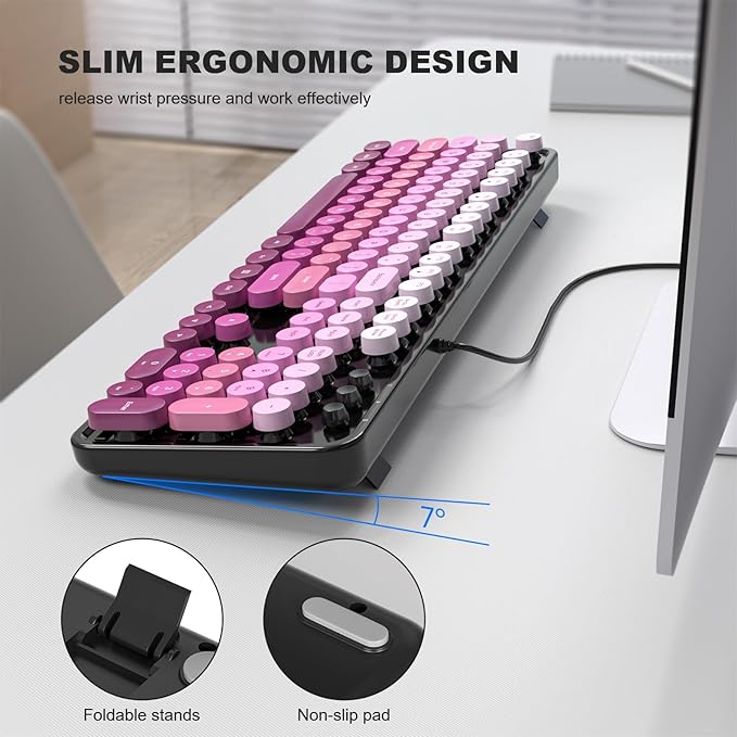 Computer Keyboard Wired, Retro USB Keyboard with Large Number Pad, Caps Indicators, Foldable Stands, Full Size Typewriter Keyboard for Windows PC Laptop (Black Pink)