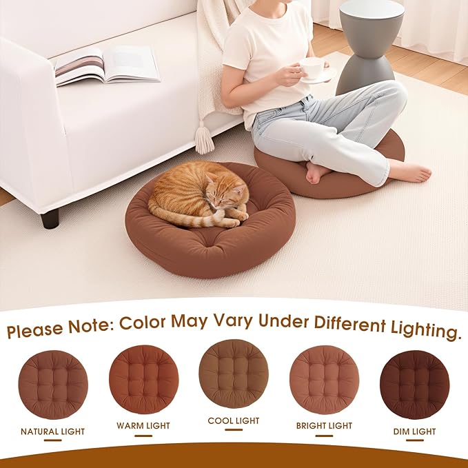 2Pcs Floor Pillows for Adults, 22x22 Inch Meditation Cushions, Large Round Sitting Cushion Living Room Memory Foam Pillow for Sitting (2, Brown, 22x22x4 Inch)