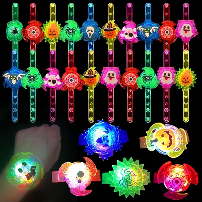 JoFAN 24 Pack Halloween LED Fidget Spinner Bracelets Light Up Toys for Kids Boys Girls Halloween Party Favors Halloween Treat Bags Gifts