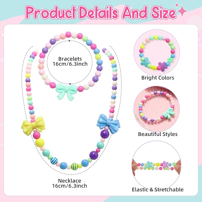 6 Sets Girls Jewelry Princess Flower Necklaces Bracelets for Toddler Girl Princess Costume Dress Up Play Party Favors Toy Gifts for Little Girls Years Old 3 4 5 6 7 8