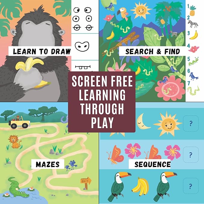 Kids Small Size Travel Educational Activity Books with Washable Markers (7"x7") - Car and Airplane Activities - Reusable Stickers for Ages 4, 5, 6 (Jungle, Ocean & Princess)