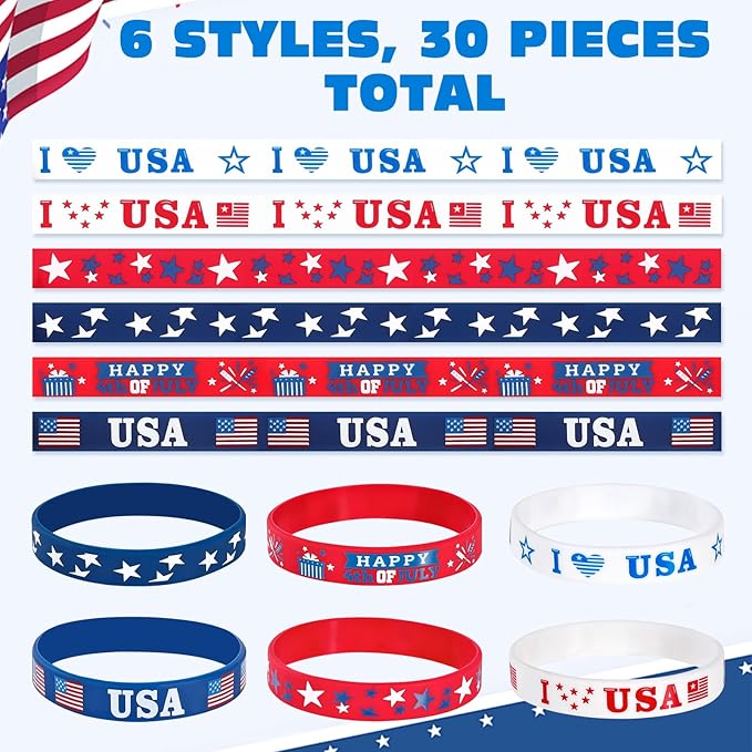 Genuvi 4th of July Patriotic Rubber Bracelets USA American Flag Wristbands Red White and Blue Silicone Bracelet for Independence Day Party Favors for Kids Teens School Classroom Prizes Gifts 30 PCS