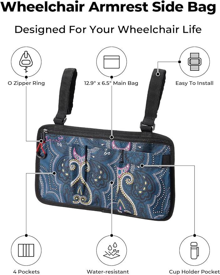 JOYTUTUS Walker Side Bag, Wheelchair Armrest Storage Pouch with Cup Holder, Wheelchair Accessories for Seniors, Walker Bag Cup Holder for Walker, Rollator, Electric Scooter or Wheelchair