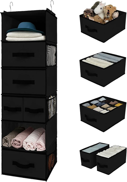 GRANNY SAYS Hanging Closet Organizer 6 Shelves, Closet Organization and Storage with 5 Different Drawers, 6 Side Pockets Wardrobe Clothes Organizer for Closet, Black, 1-Pack