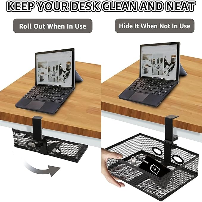 RHBLME Black Under Desk Drawer Storage - 360-Degree Rotating Desk Organizer Clamp-on Swivel Pencil Drawer Shelf for Office Tables