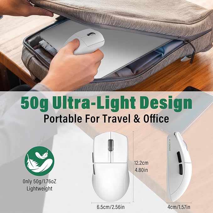 E-YOOSO XuanGui Rechargeable Wireless Mouse,Bluetooth Mouse for Laptop,Tri-Mode 2.4G/BT5.1/USB C,150 Hour Battery Life,5-Level DPI 4000 Max,50g Lightweight,for Laptop/PC/Computer/Mac/Tablet (White-2)