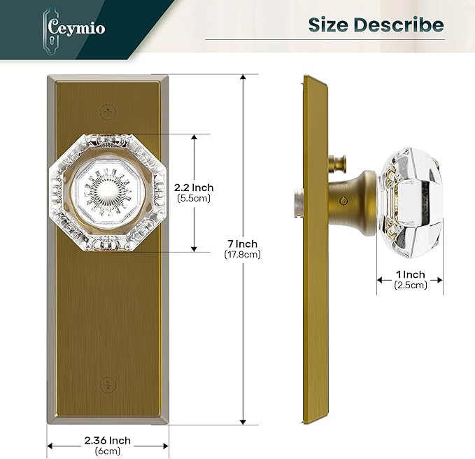 Glass Door Knobs for Interior Doors - Vintage Crystal Privacy Bedroom & Bathroom Door Knob with Lock - Diamond Cut Door Handle - Antique Brass Finish (1 Pack)