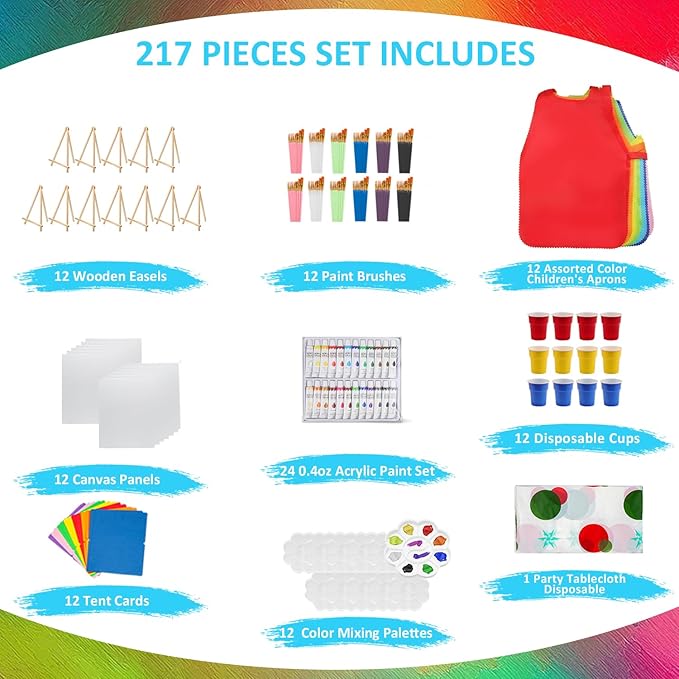 217 Pcs Art Painting Kit Supplies Set for Kids to Party - 120 Paint Brushes, 24 Acrylic Paints, 12 Wood Easels & Canvas Panels & Palettes & Aprons & Wash Pen Cup, 1 Plastic Tablecloth
