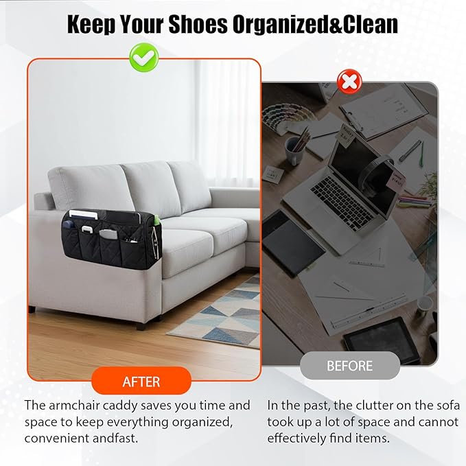 Armchair Caddy, Sofa Armrest Organizer, Black Non-Woven Fabric Storage Bag, Convenient Armchair Organizer for Living Room, Bedroom, Office