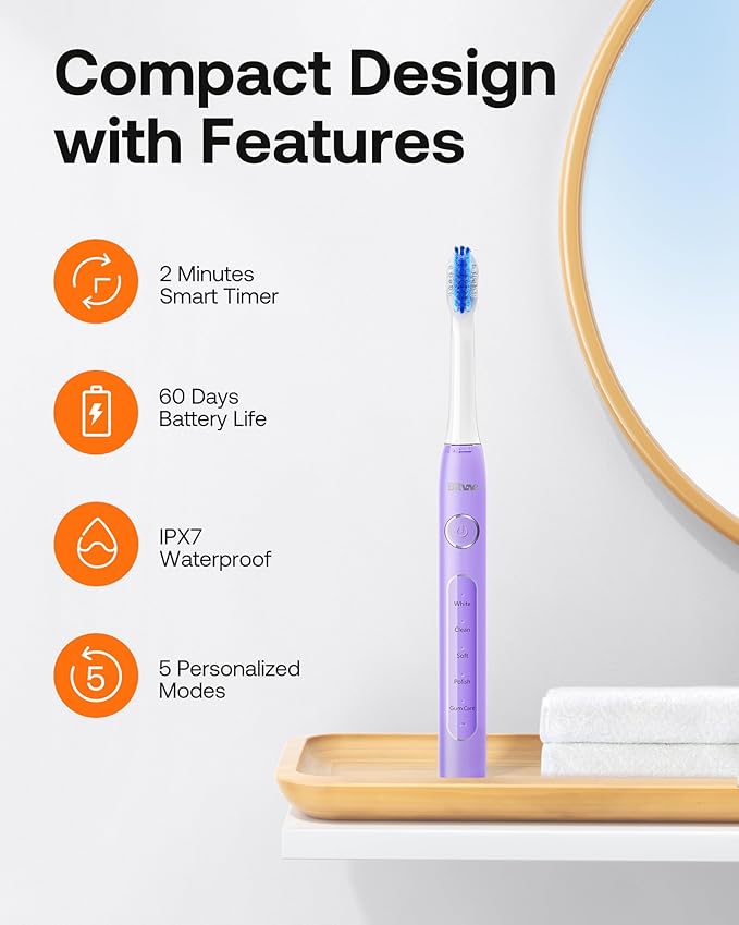 Bitvae Ultrasonic Electric Toothbrush for Adults and Kids, ADA Accepted Travel Electric Toothbrush with Rechargeable 60-Day Battery Life, 8 Toothbrush Heads, 5 Modes, Toothbrush Holder, Purple