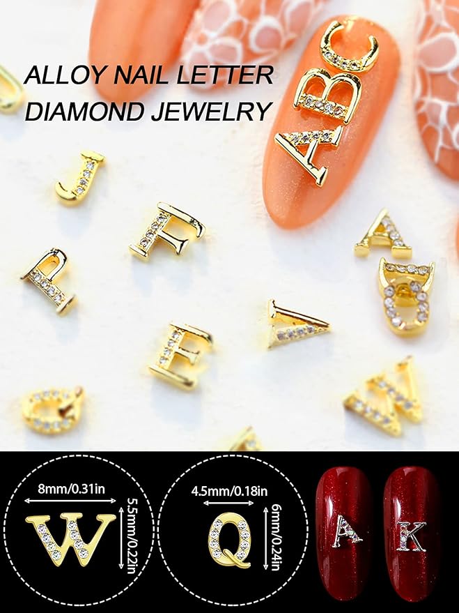 156Pcs Rhinetone Letters Nail Studs, Kalolary Gold Silver 3D Capital Rhinetone Nail Letter English Alphabet Stud Charm DIY Manicure Nails Jewelry Making Crafts Decoration for Women Girls