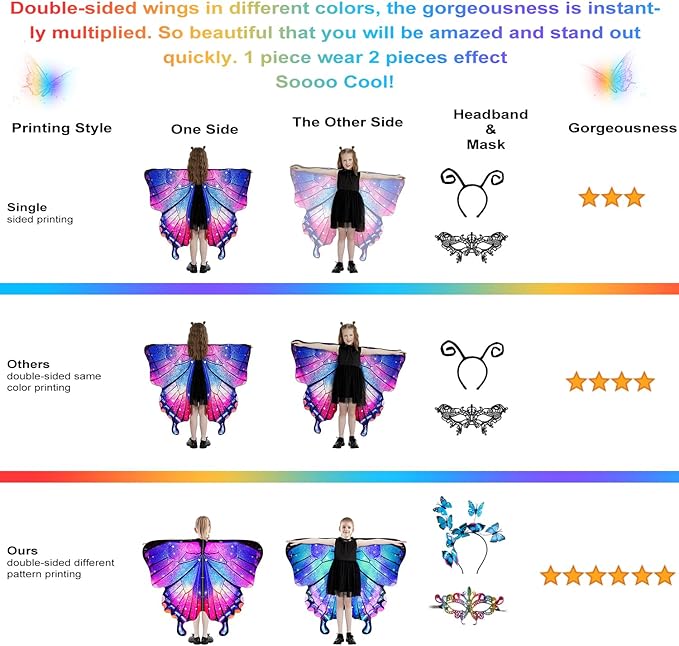 Butterfly Wings For Girls, Double-Sided Fairy Wings, Halloween Costumes for Kids, 3PCS Butterfly Cape Set.