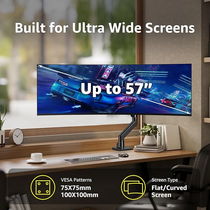 Heavy Duty Monitor Arm Aluminum Single Gas Spring Monitor Arm Suit for Flat/Ultrawide/Cruved Screen 34-49 inch and New 57 inches Screen Weight Capacity up to 44lbs，Black