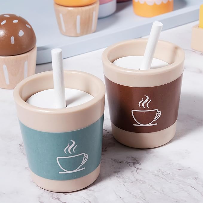 21pcs Wooden Breakfast Set Kids Pretend Play Toy Kitchen Accessories, Toddler Kitchen Playset with Coffee, Dessert, Cutting Bread, Butter, Wooden Toy Food Set Boys & Girls Birthday Gift