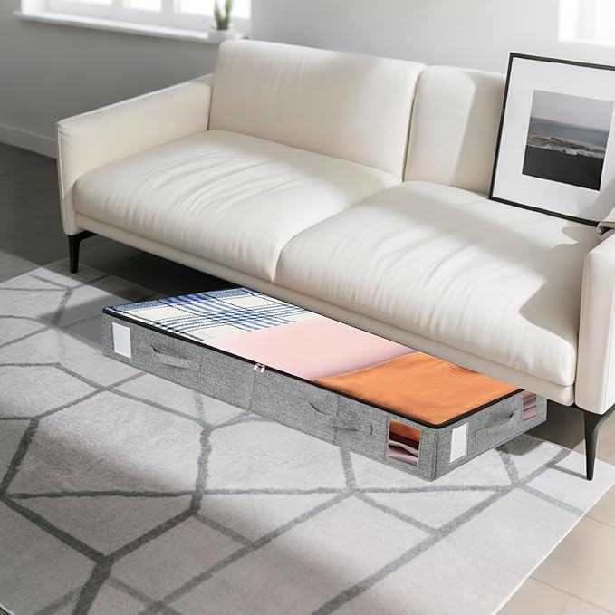 combocube 4 Pack Under Bed Storage Containers, 4.5" Low Profile Underbed Storage Bins with Sturdy Support, Stackable Space Saving Organizer with 4 Handles & Label Windows for Shoes Clothes Blankets