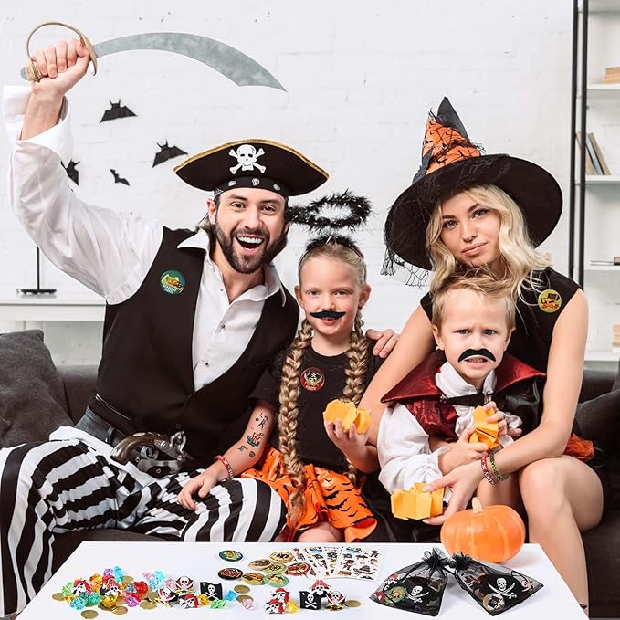 144 Pcs Pirate Party Favors Supplies Include Pirate Bracelet Nautical Tattoo Button Pin Eye Patch Gold Coin Gem Ring Mustache Organza Bag for Kids Boy Pirate Birthday Party Goodie Bag Fillers