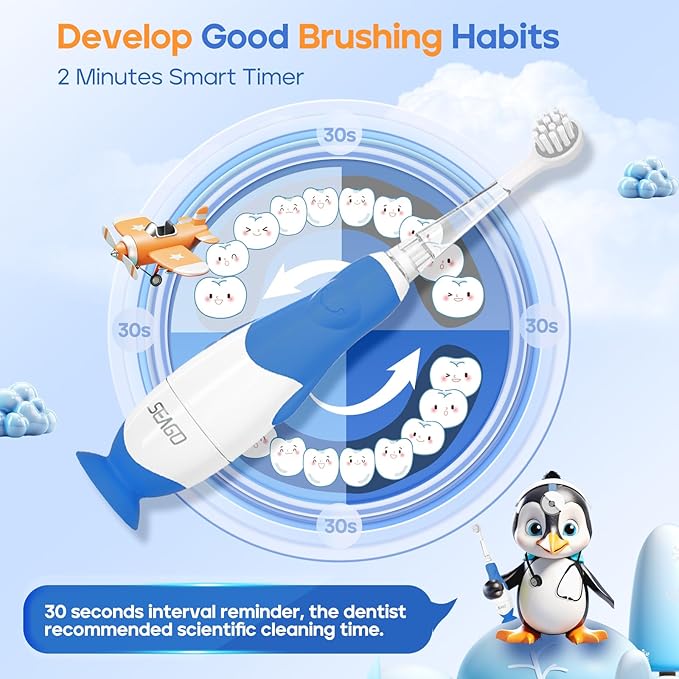 SEAGO Toddler Electric Toothbrushes for Baby Ages 0-3 Years, Baby Toothbrush with Smart Timer and Suction Base, 4 Replacement Brushheads (Navy-C)