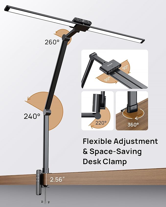 TROND LED Desk Lamp with Clamp, 29.55'' Tall Desk Light with Remote, 1500LM Bright Table Lamp, Swing Arm Clip on Light, Eye-Caring, Touch Control Dimmable for Home Office Monitor Reading Study Task