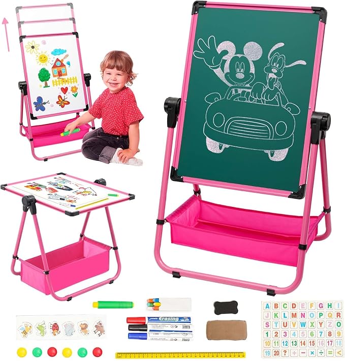 Kids Art Easel Double Sided Iron Easel 29.6inch-44inch Height Adjustable Drawing Board 360° Rotatable Easel Whiteboard & Chalkboard Standing Art Easel for Kids Boys Girls 3+