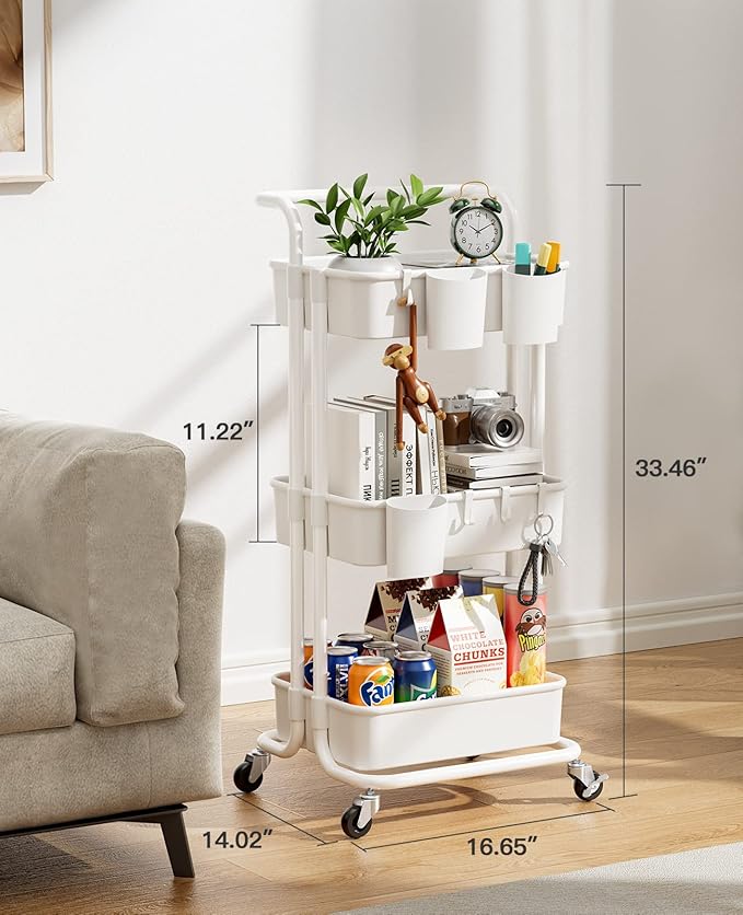 Pipishell 3 Tier Rolling Cart - Art & Craft Organizer Cart with Hanging Cups & Hooks - White Metal Storage Carts with Wheels Perfect for Craft Room, Office, Kitchen, Bedroom, Bathroom, Laundry Room