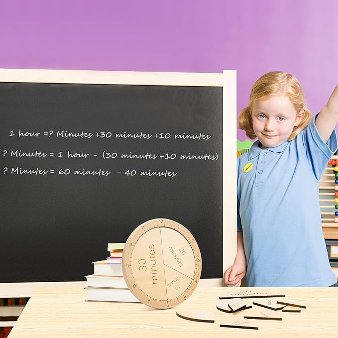 Wooden Montessori Fraction Clock Toy, Math Learning Time Teaching Materials, Set an Hour of Puzzles with Minute Tiles, Learning Clock for Kids