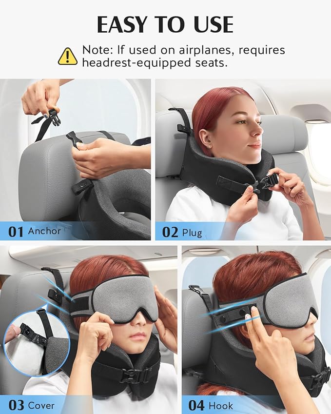 YFONG Travel Pillow for Long Flight Airplanes, Head Strap Combo with 3D Contoured Eye Mask for Sleep, Neck Pillow for Car Trip Essential, 360° Support Memory Foam Headrest, Prevent Head Bobbing, Grey