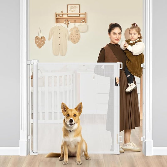 42" Tall X 60" Wide Retractable Dog Gate Extra Tall Baby Gates for Doorways Tall Pet Gate for Cats Adjustable Baby Gates for Dogs Indoor Outdoor Extra Tall Mesh Gates for Kids or Pets (White)
