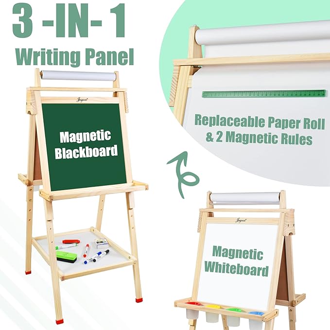 Joyooss Art Easel for Kids with Double-Sided Magnetic, Wooden Standing Kids Easel with Dry Erase Whiteboard & Chalkboard, Height Adjustable Children Easel with Paper Roll, Bonus Toddler Art Supplies