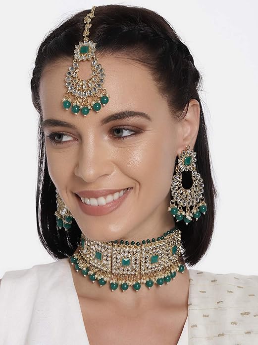 Aheli Bridal Kundan Faux Pearl Choker Necklace with Earrings Maang Tikka Gift for Women Indian Traditional Bollywood Fashion Jewelry Set
