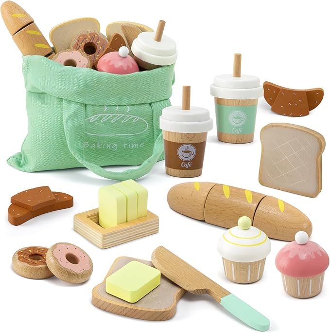 17 PCS Wooden Bakery Toy Food Playset for Kids, Pretend Picnic Play Food for Toddlers 3+, Play Kitchen Accessories with Shopping Bag, Cutting Food Toys, Gift for Girls Boys and Girls