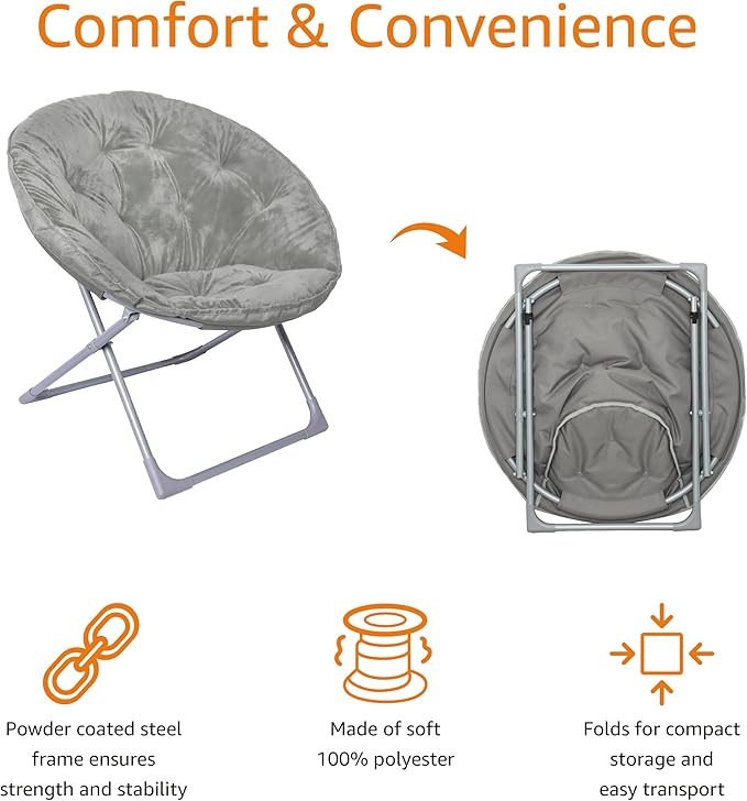 Amazon Basics Comfortable Faux Fur Saucer Shaped Chair with Foldable Metal Frame, Grey, 32.3"D x 27.2"W x 32.3"H