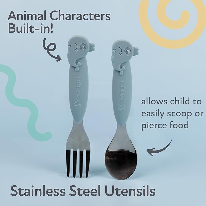 Nuby Animal Friends Silicone and Stainless Steel Fork and Spoon Set - 12+ Months - Blue Whale