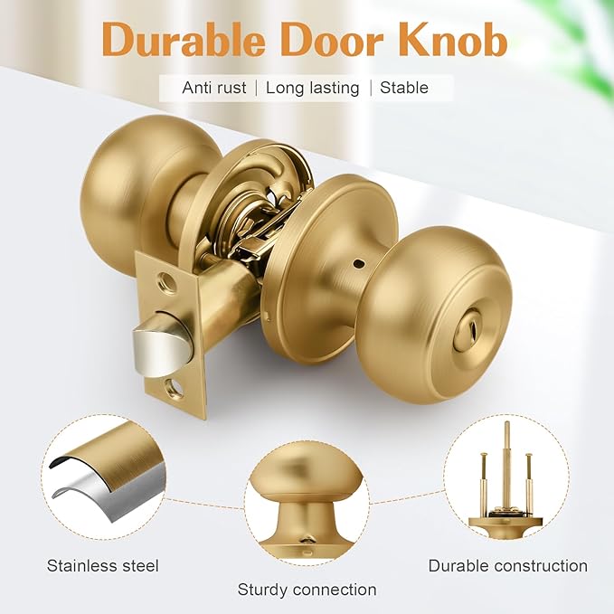 Probrico Champagne Bronze Door Knobs for Bedroom Bathroom, Interior Door Knob with Round Ball, Champagne Privacy Door Knob, 6 Pack