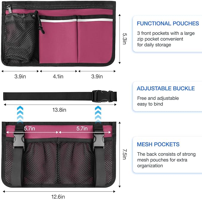 Wheelchair Organizer Pouch with Cup Holder and Reflective Strip, Armrest Accessory for Wheelchairs, Walkers, Rollators (Burgundy)