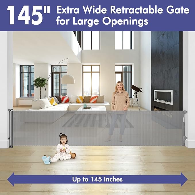 145 Inch Extra Wide Retractable Baby Gate for Large Openings Long Baby Gate Indoor Outdoor Mesh Baby Gate Retractable Gate Dog Gates for The House Extra Wide Retractable Dog Gate for Doorways, Gray