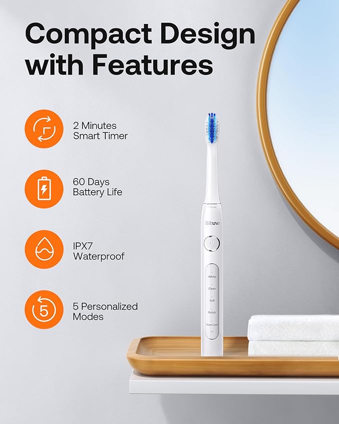Bitvae Ultrasonic Electric Toothbrush for Adults and Kids, ADA Accepted Travel Electric Toothbrush with Rechargeable 60-Day Battery Life, 8 Toothbrush Heads, 5 Modes, Toothbrush Holder, Frost White